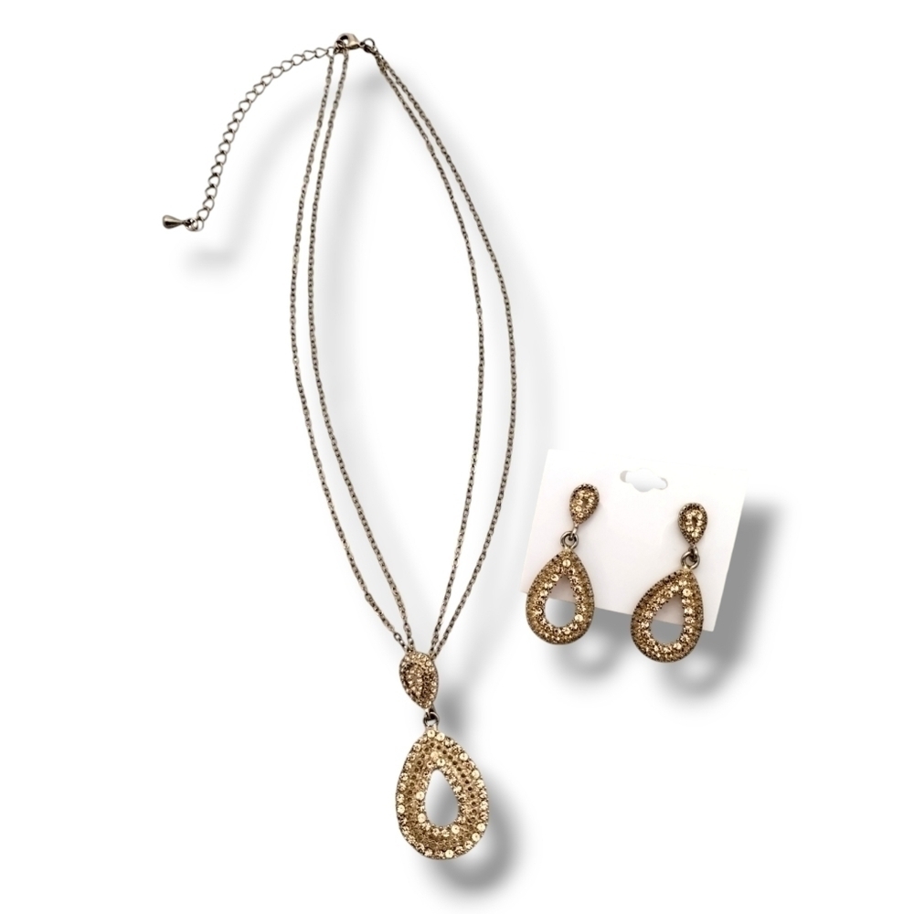 Goldtone Rhinestone Bridal Drop Earrings and Necklace Demi-Parure Set